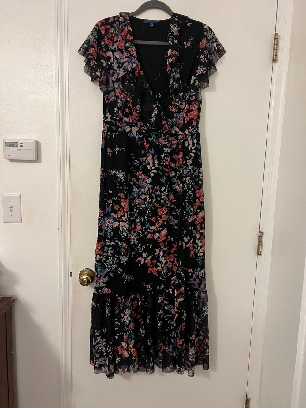 Floral Ruffle Midi Dress - Black with Multicolor Floral Petite L